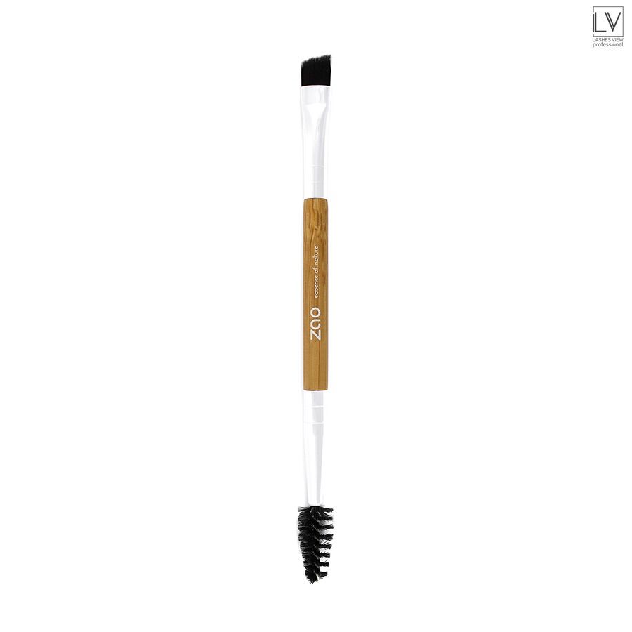 Bamboo Duo Eyebrow Brush. Der abgewinkelte Pinsel ermöglicht ein präzises Auftragen, die Bürste entfernt überschüssiges Puder und trennt die Härchen