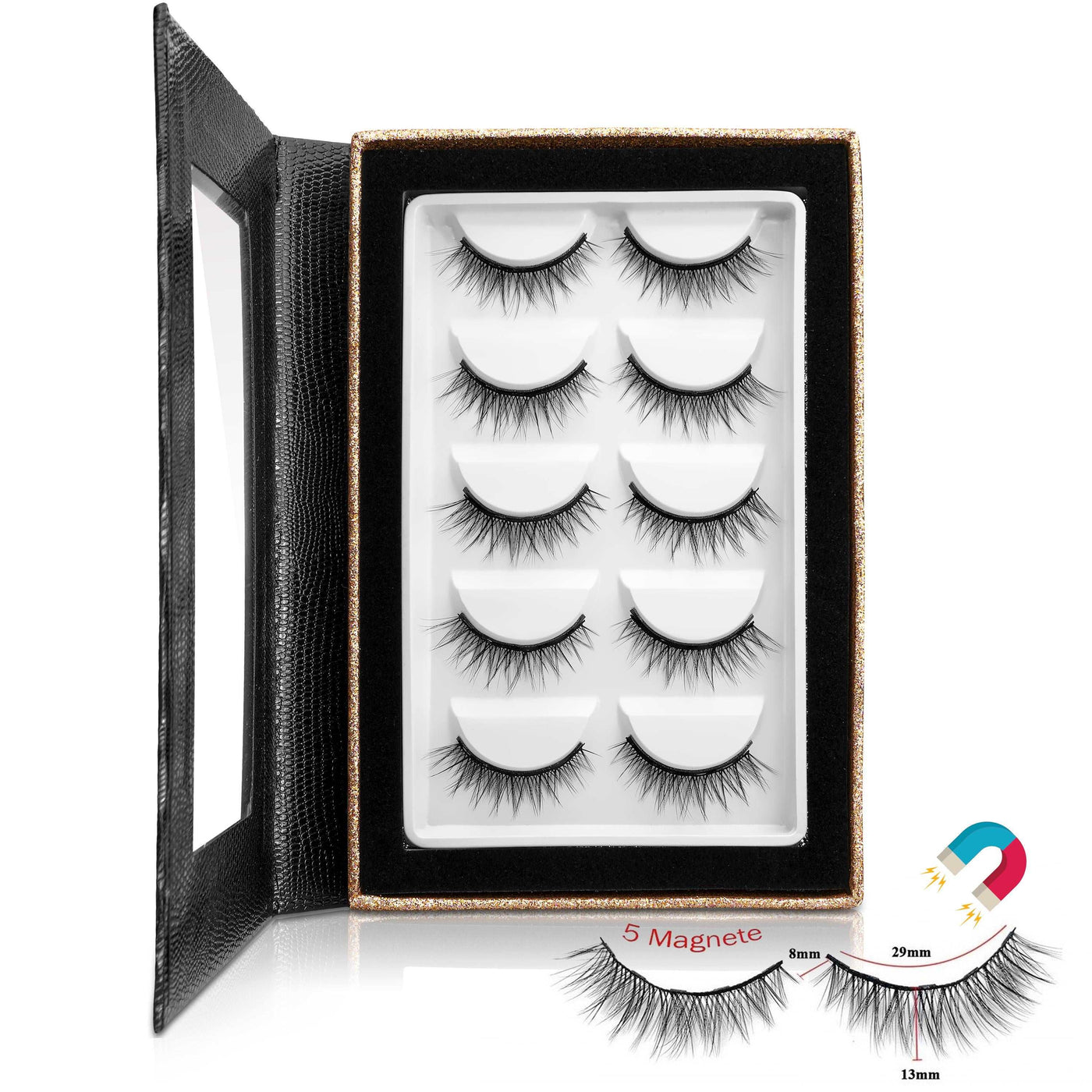 Die Vorratsbox enthält 5 Paar Magnet Wimpern im ELEGANT Look. Die Wimpern bieten einen leichten Tragekomfort, sind wasserfest und mehrfach wiederverwendbar.
